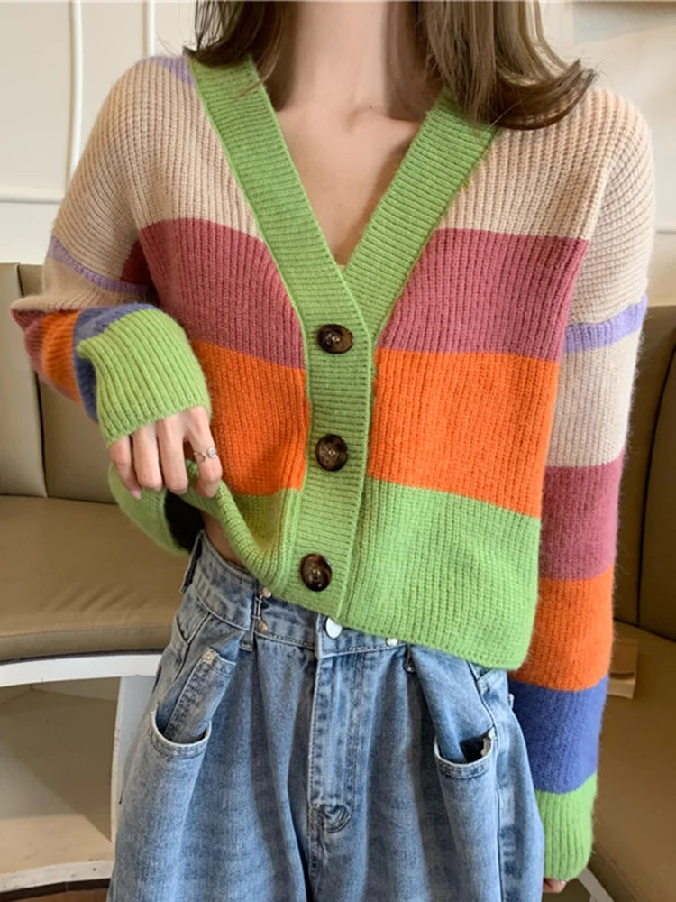 Cardigan tricoté rayé pull  arc-en-ciel couture ouverte pour femmes