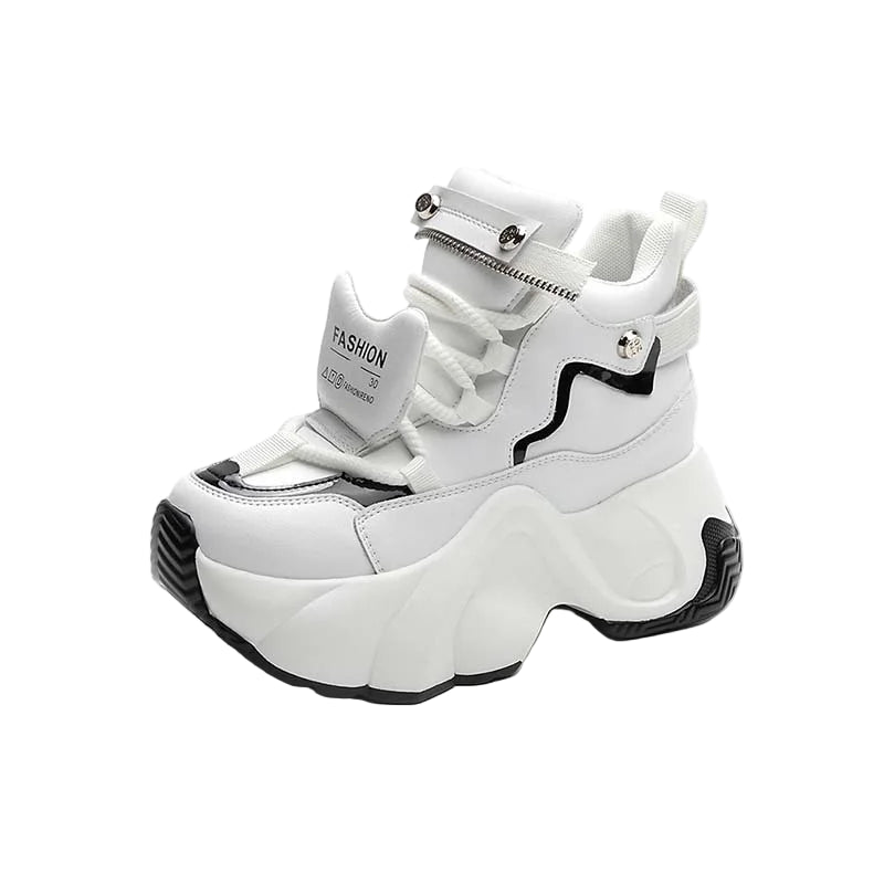 Baskets à plateforme haute en cuir véritable compensés de 8 cm, à lacets pour femmes