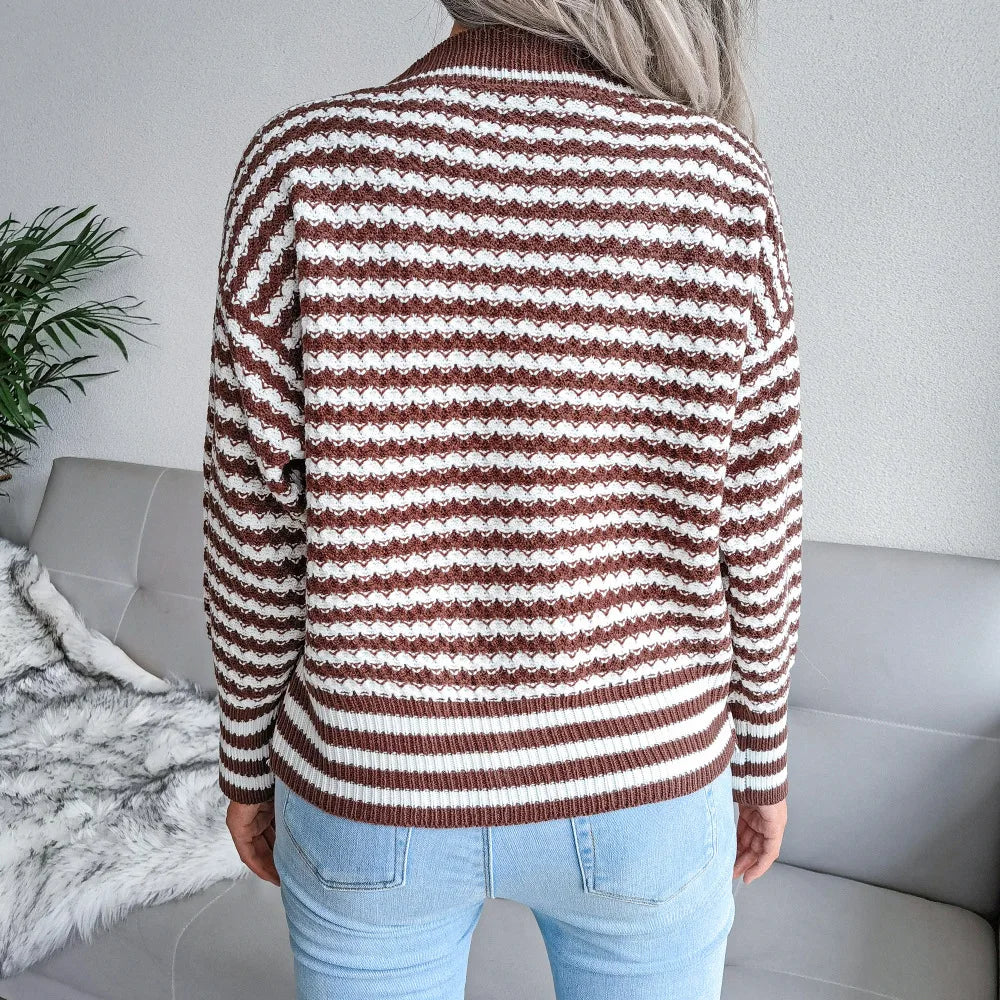 Cardigan tricoté à manches longues et col en v rayé pour femme