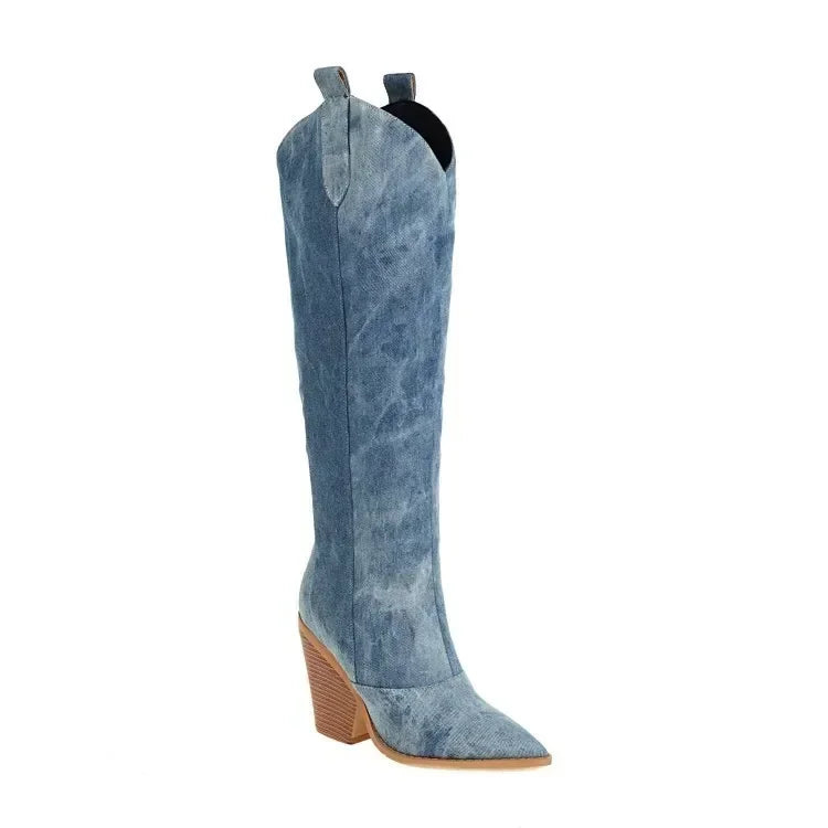 Bottes longues de Cowboy à talons hauts en jean pour femmes