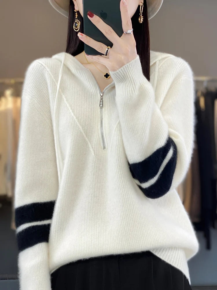 pull à capuche 100% laine mérinos fermeture éclair pour femmes