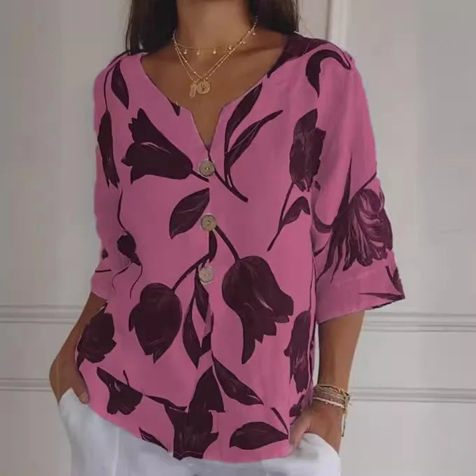 Chemise manches courtes coton lin col en v pour femmes