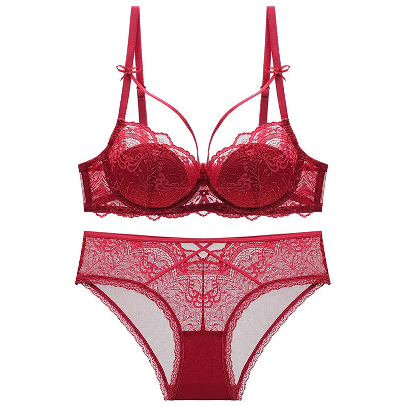 Ensembles de Lingerie Sexy, sous-vêtements, bonnet A B C pour femmes, rouge, noir, garniture en dentelle, nœud rembourré, Bralette, culotte, soutien-gorge Push Up