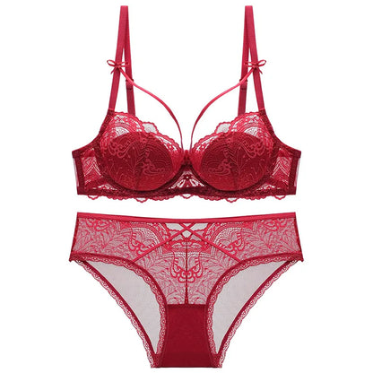 Ensembles de Lingerie Sexy, sous-vêtements, bonnet A B C pour femmes, rouge, noir, garniture en dentelle, nœud rembourré, Bralette, culotte, soutien-gorge Push Up