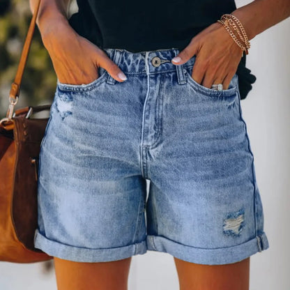 Short en jean pour femme, rétro avec trous à bords pliants