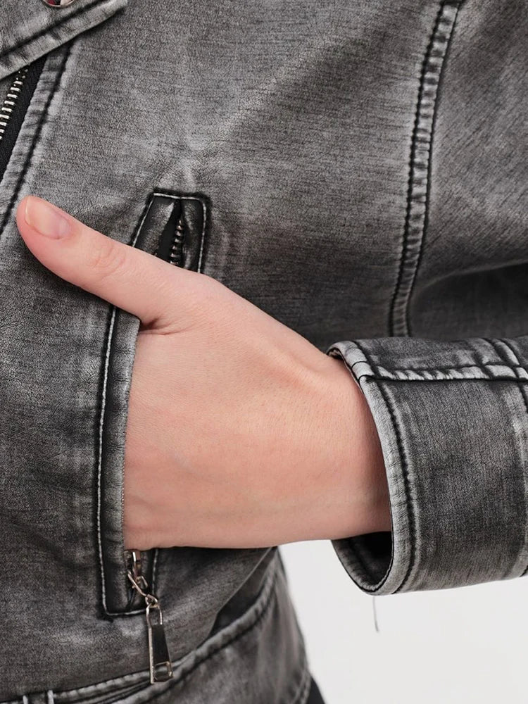 Veste avec ceinture courte pu faux cuir pour femme