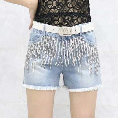 Short en jean à paillettes noires pour femme