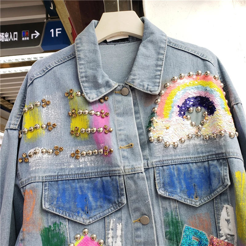 Veste en jean à paillettes multicolores pour femme