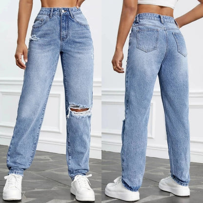 Jeans déchiré taille haute pour femmes mode adt Slim jambe droite