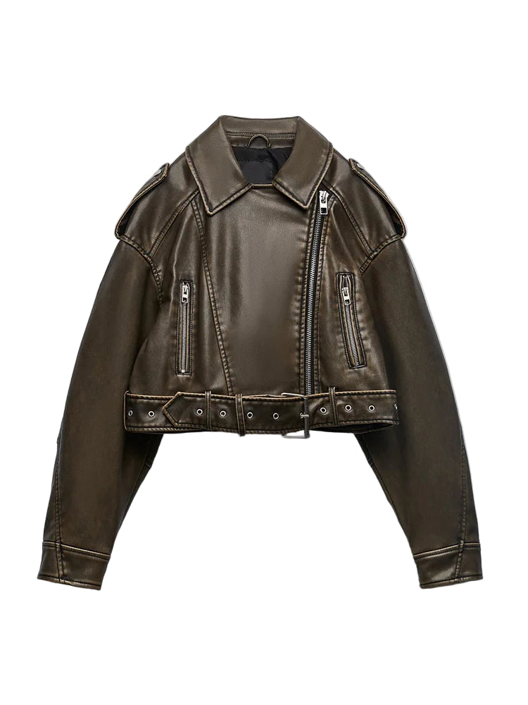 Veste courte avec ceinture en faux cuir pour femmes