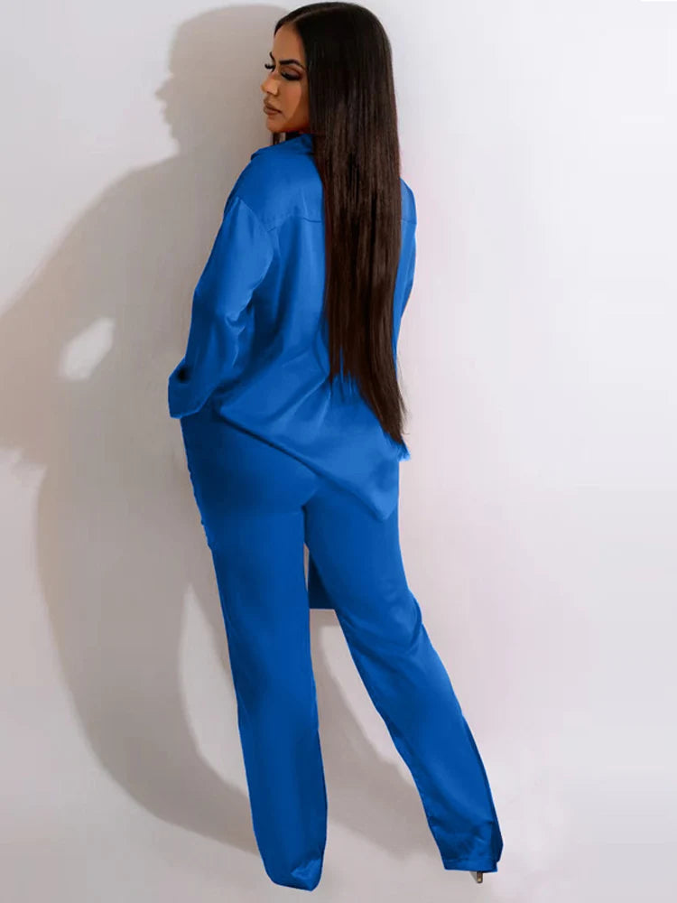 Ensemble chemise et pantalon en satin à manches longues pour femmes, haut élégant, décontracté, taille élastique