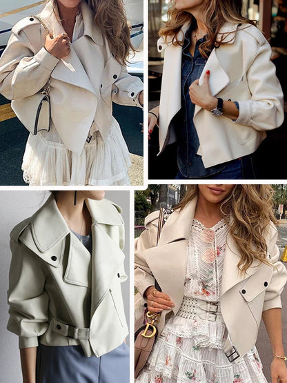 Veste courte revers en faux cuir pour femmes