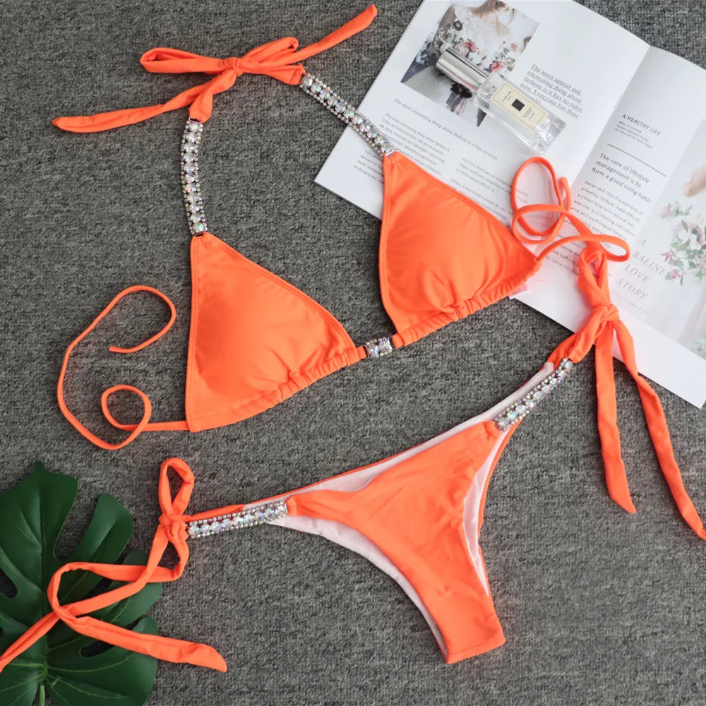 Maillot de bain deux pièces imprimé léopard pour femme, bikini sexy en cristal et biscuits