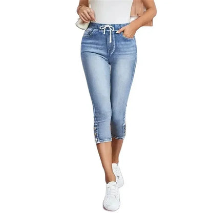 Jean Slim pour Femme, Pantalon Crayon à Taille élastique, Longueur Mollet