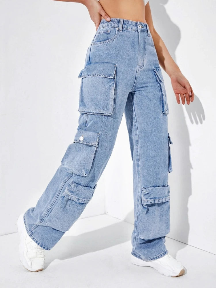 Jeans taille haute pour femmes, multi-poches  Cargo Pantalon décontracté