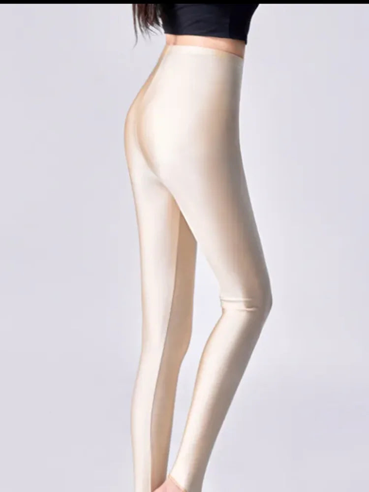 Legging de yoga sexy longueur cheville, couleur bonbon, soie glacée brillante, slim, taille haute pour femmes