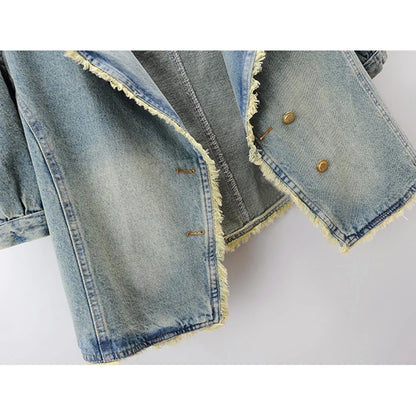 Veste en jean à manches bouffantes bleu clair vintage pour femme