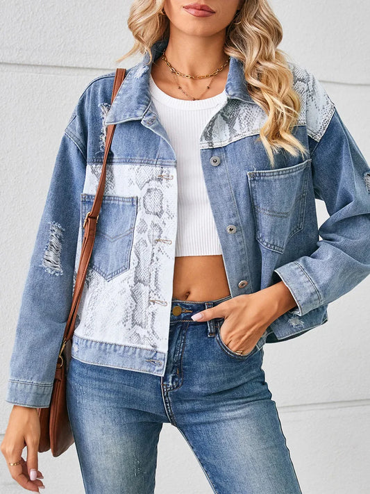 Veste en Jean imprimé serpent déchiré courte femmes