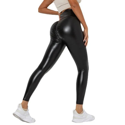 Pantalon en cuir PU noir pour femme, legging sexy froissé