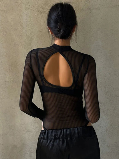 Bodys transparente pour femme, dos nu, amissié, noir uni, sexy, streetwear