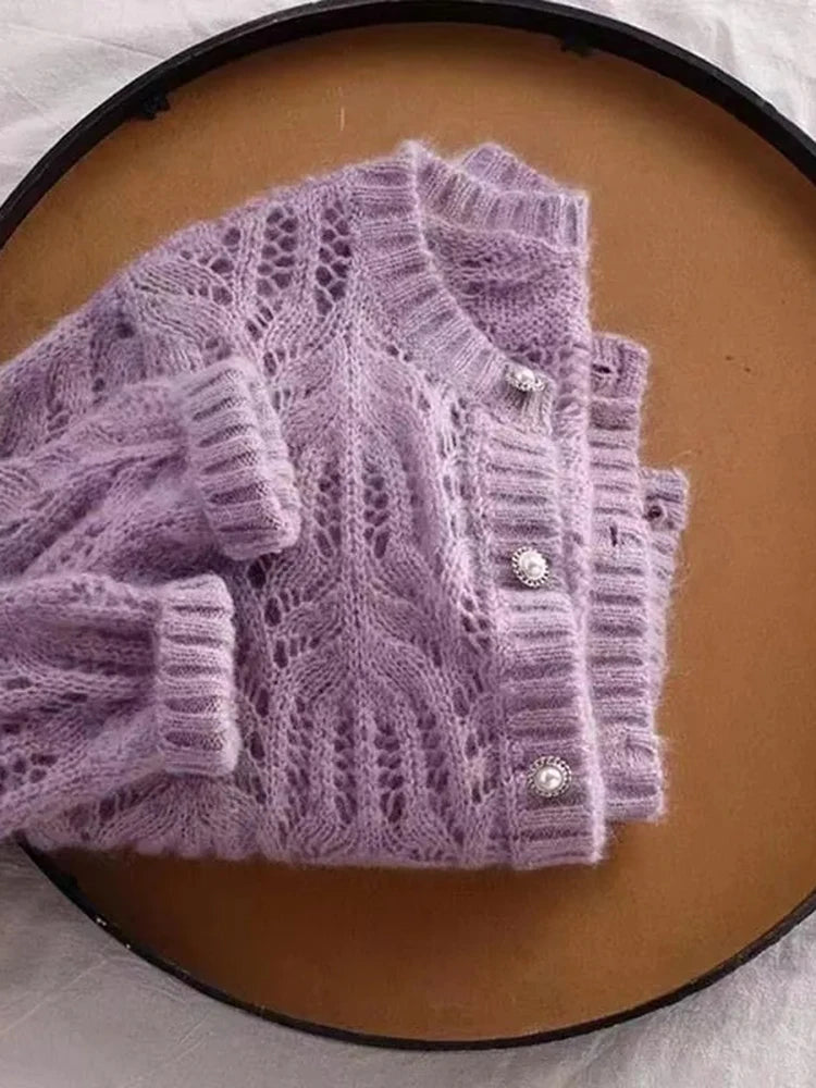 Cardigan court en tricot ajouré pour femmes