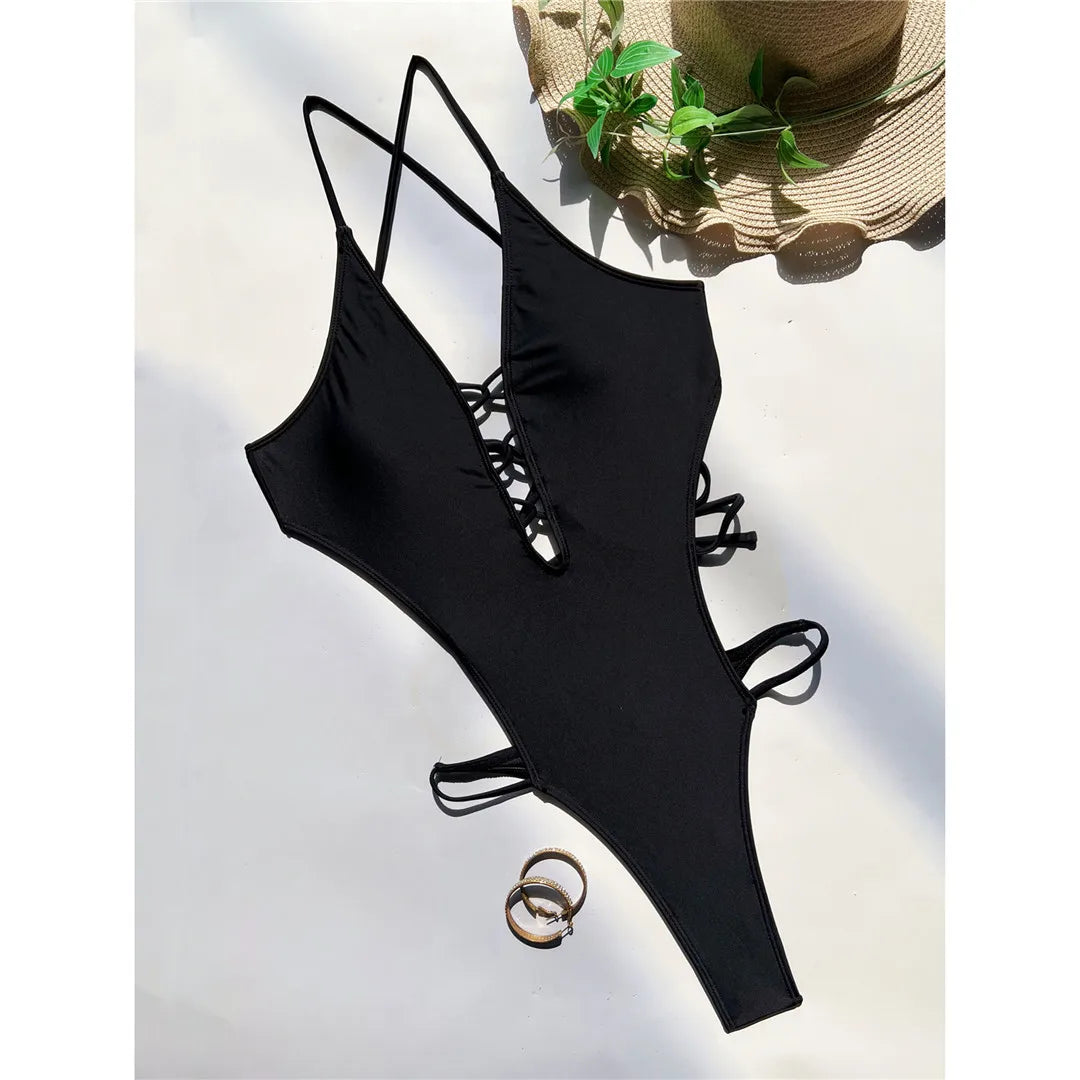 Maillot de bain une pièce sexy à col en V profond et dos nu pour femme