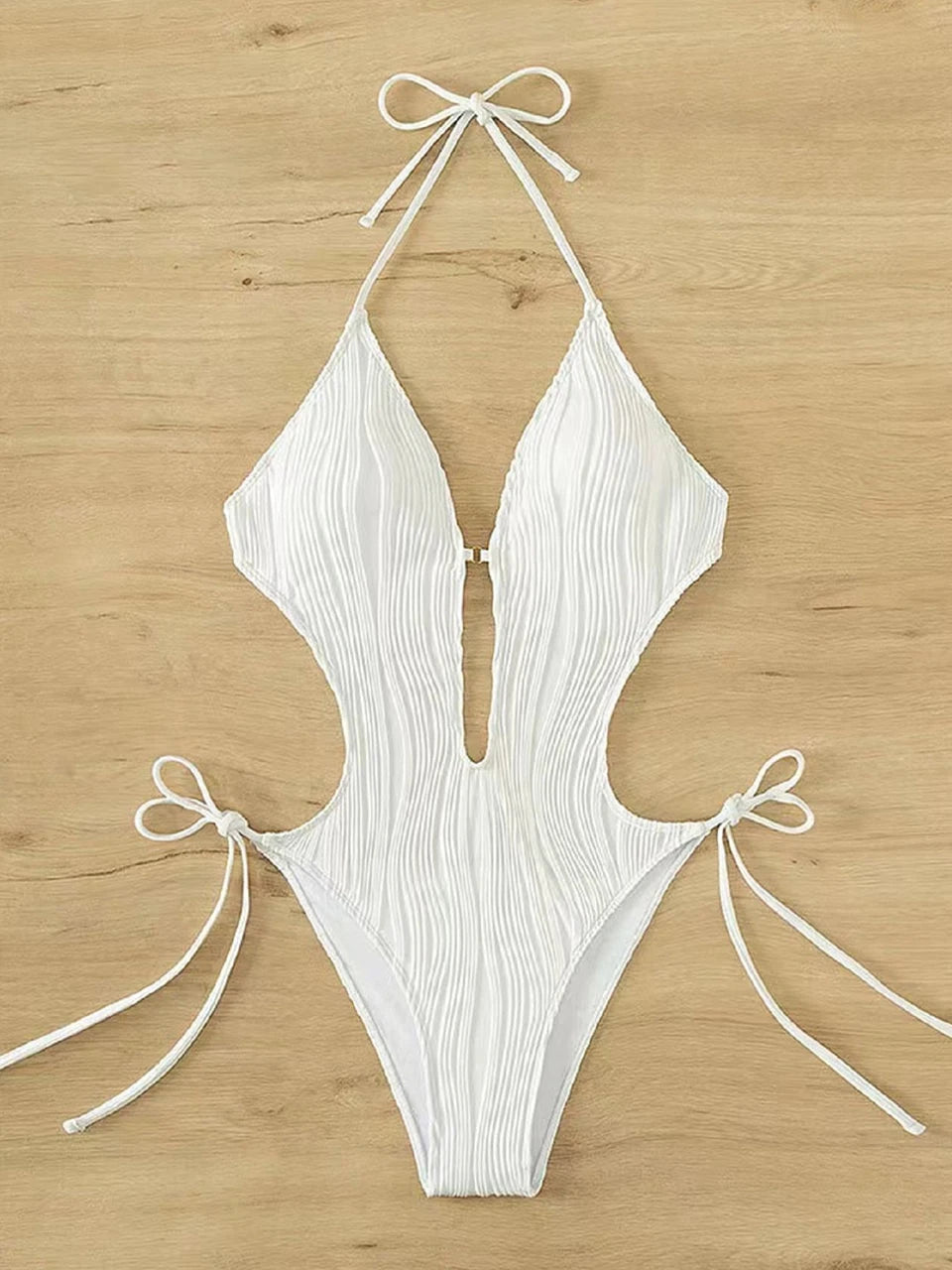 Maillot de bain une pièce sexy à col en V froissé pour femme, dos nu, monokini, taille haute