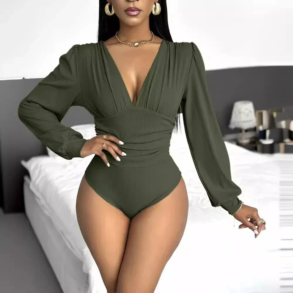 Body à manches longues et col en V pour femmes