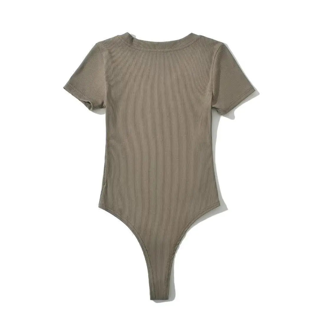 Body tricotée pour femme, manches courtes, col en V, extensible