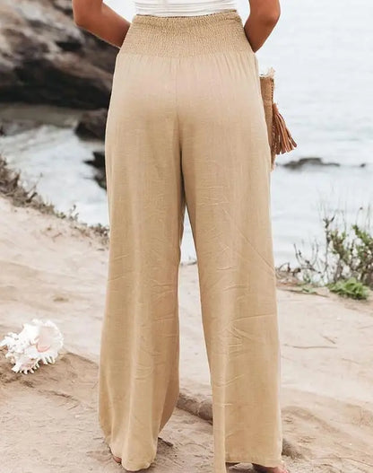 Pantalon Chic et Décontracté à Jambes Larges pour Femme, Taille Haute, Imprimé de Plumes, Poches, Design Froncé