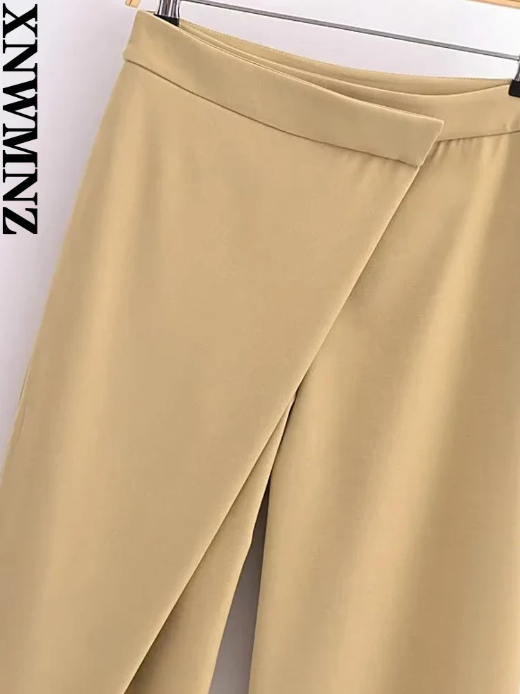 Pantalon portefeuille à jambes larges pour femme, taille haute, fermeture éclair latérale