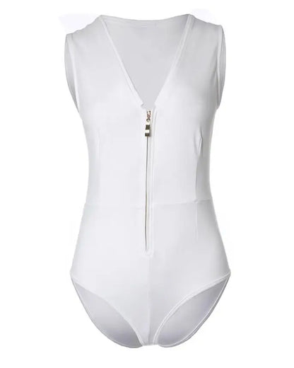 Body à fermeture éclair sur le devant, sexy, col en V, pour femmes