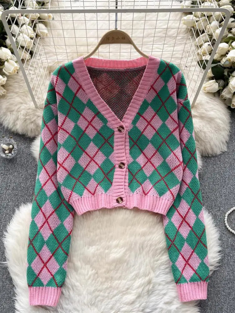 Cardigan en tricot à carreaux avec col en v pour femme