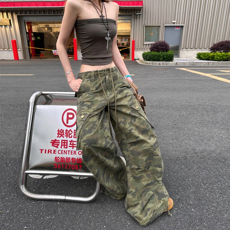 Pantalon cargo en denim à cordon de serrage imprimé camouflage pour femmes