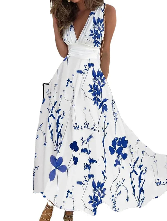 Robe longue d'été sans manches, imprimé floral, Sexy, col en v