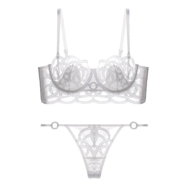 Ensemble 3 pièces soutien-gorge Push up + jarretières + string en dentelle transparent pour femmes