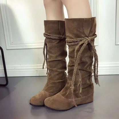 Bottes en daim pour femmes, longueur au genou, avec glands, décontractées