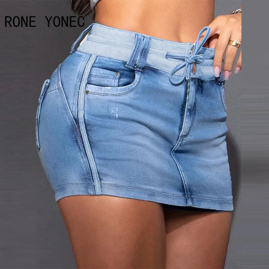 Jupe short en jean skinny droit décontracté avec cordon de serrage pour femme