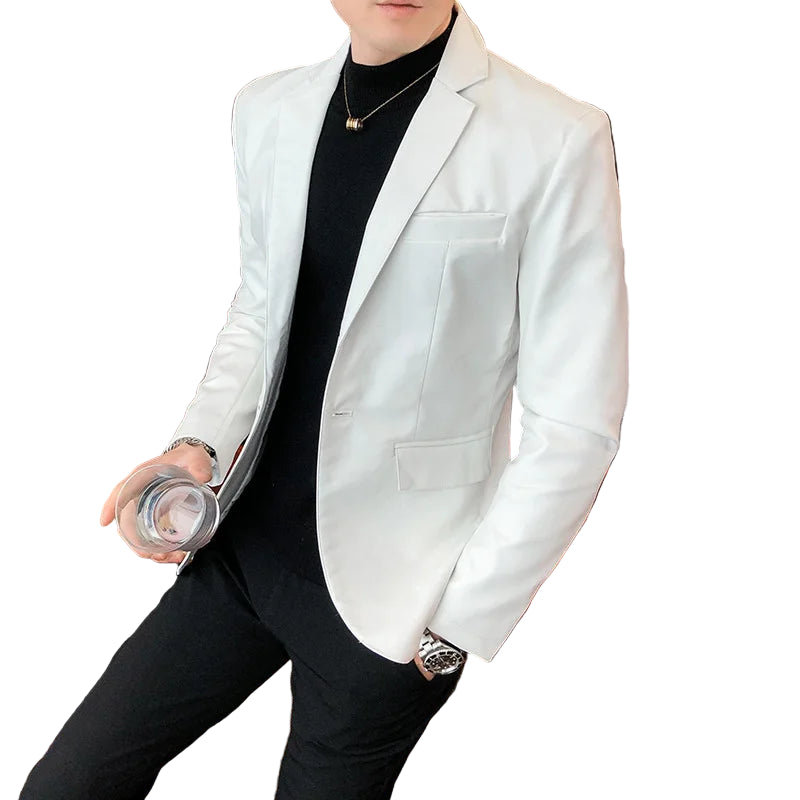 Veste de costume décontractée en cuir noir et blanc pour hommes