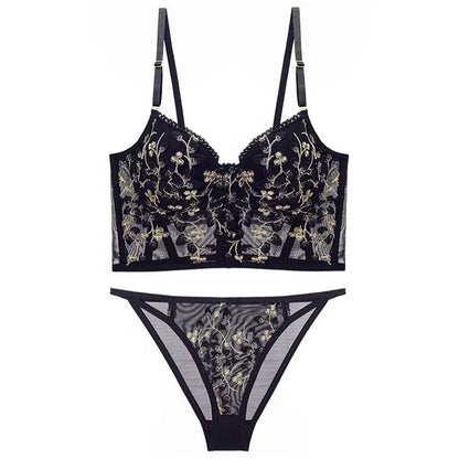 Soutien gorge et culotte en dentelle brodée de fleurs, ensemble de Lingerie Sexy, Push-Up