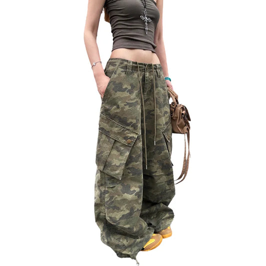 Pantalon cargo en denim à cordon de serrage imprimé camouflage pour femmes