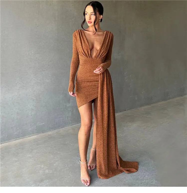 Mini robe courte Sexy à manches longues et col en V pour femme