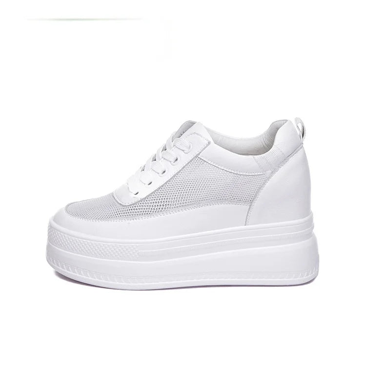 Baskets à semelle compensée, chaussures d'été blanches en cuir véritable de vache, 9cm