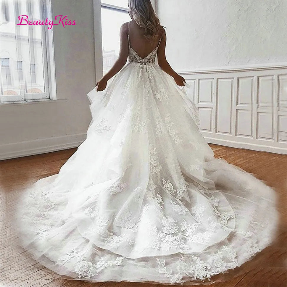 Robe De mariée trapèze en Tulle blanc, avec des Appliques, bretelles Spaghetti, dos nu, en dentelle, à volants