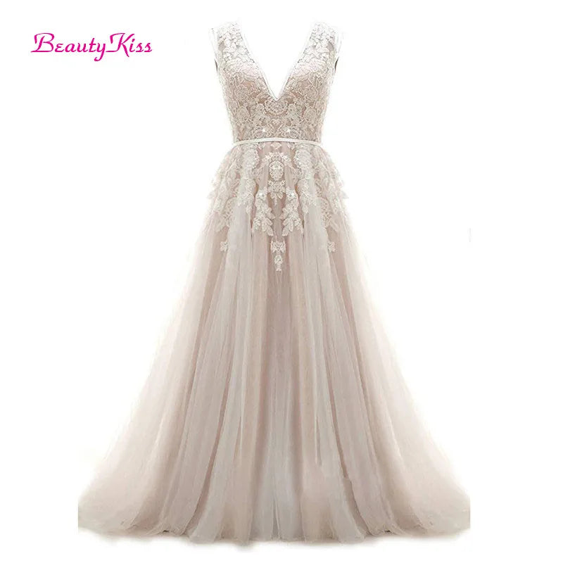 Robe De mariée Sexy en dentelle et Tulle, col en v, dos ouvert, ligne a, sans manches, avec des Appliques, avec traîne De balayage