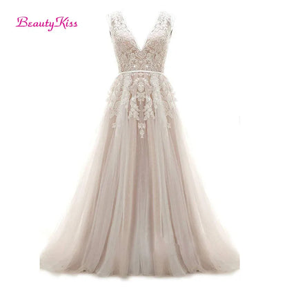 Robe De mariée Sexy en dentelle et Tulle, col en v, dos ouvert, ligne a, sans manches, avec des Appliques, avec traîne De balayage