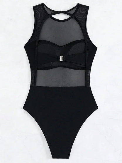 Maillot de bain une pièce sexy en maille noire transparente pour femme, monokini dos nu