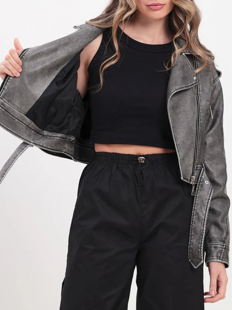Veste avec ceinture courte pu faux cuir pour femme