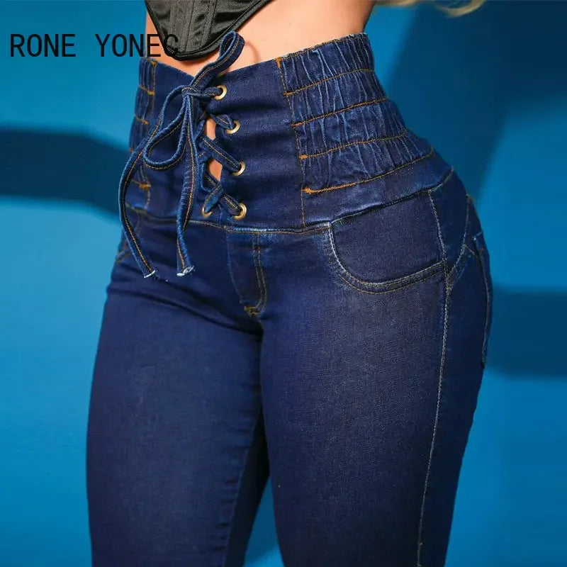 Jean skinny à lacets et taille haute élastique pour femme, longueur cheville, avec poches