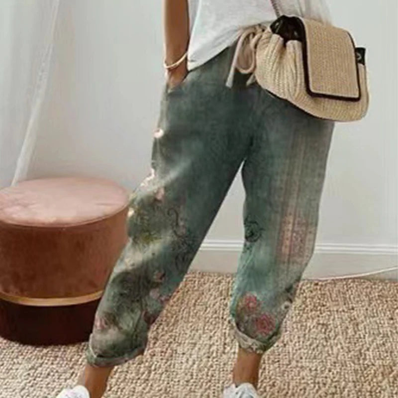 Pantalon Vintage imprimé Floral pour femmes, ample, longueur cheville, poches en coton et lin